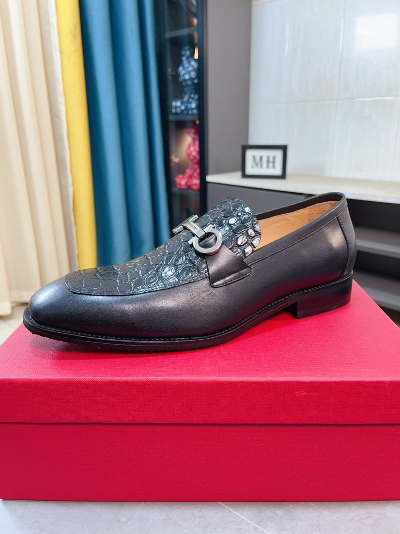 Ferragamo Black Embossed Buckle Dress Shoes