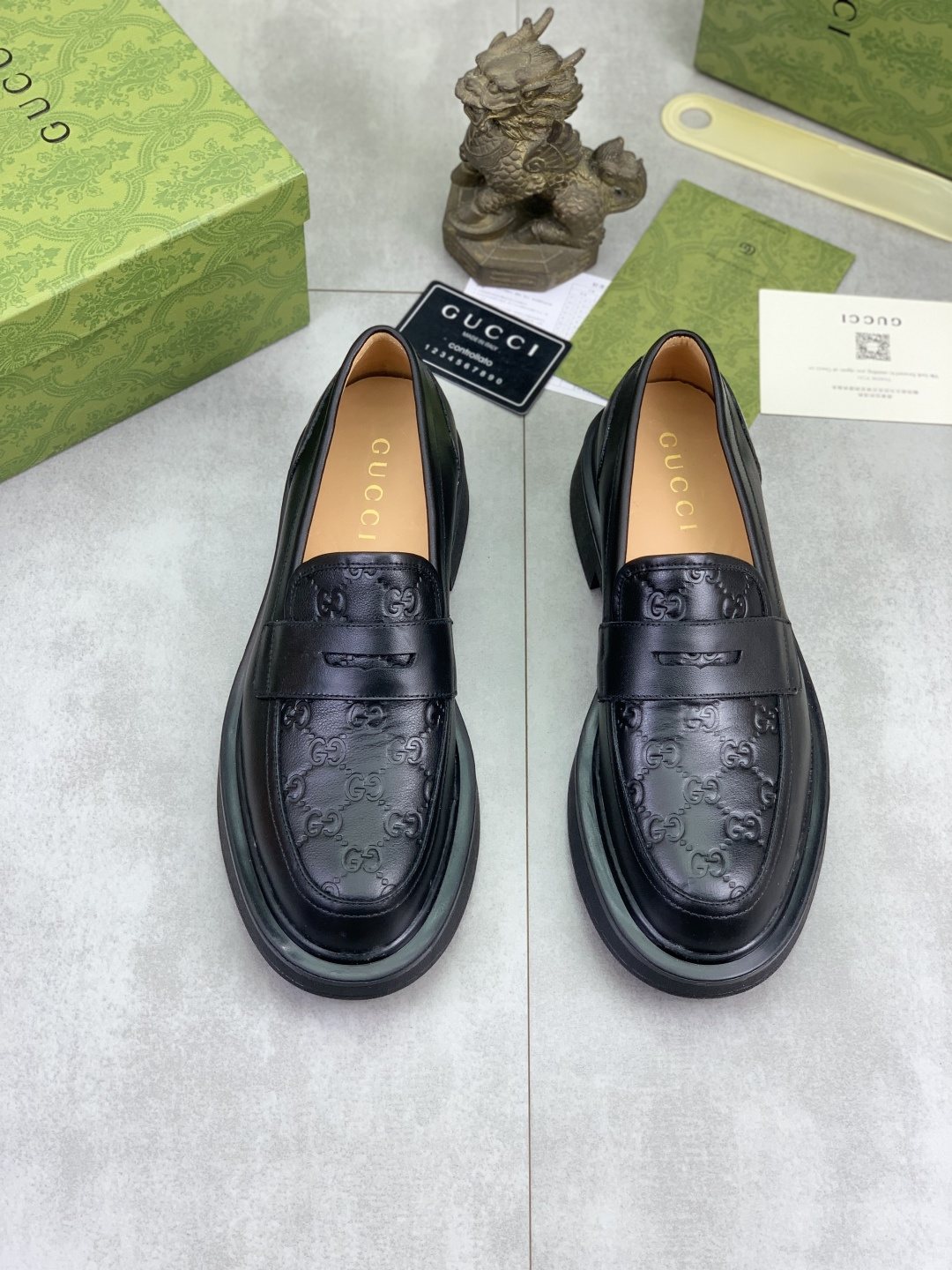 Gucci Black Embossed-Toe Loafers